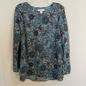 Coldwater Creek Teal, Tan, and Black Long Sleeve Floral Blouse Women’s Size 1X